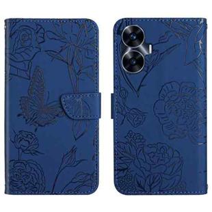 For Realme C55 HT03 Skin Feel Butterfly Embossed Flip Leather Phone Case(Blue)