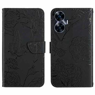 For Realme C55 HT03 Skin Feel Butterfly Embossed Flip Leather Phone Case(Black)