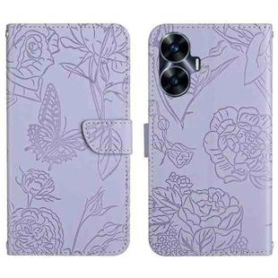 For Realme C55 HT03 Skin Feel Butterfly Embossed Flip Leather Phone Case(Purple)