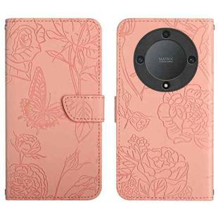 For Honor X9a 5G / Magic5 Lite HT03 Skin Feel Butterfly Embossed Flip Leather Phone Case(Pink)