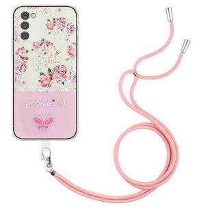 For Samsung Galaxy A14 5G / 4G Bronzing Butterfly Flower TPU Phone Case with Lanyard(Peony)