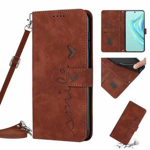 For Infinix Hot 20 Play Skin Feel Heart Pattern Leather Phone Case with Lanyard(Brown)