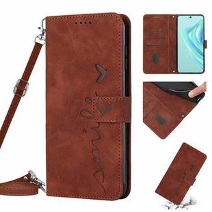 For Infinix Hot 20i Skin Feel Heart Pattern Leather Phone Case with Lanyard(Brown)