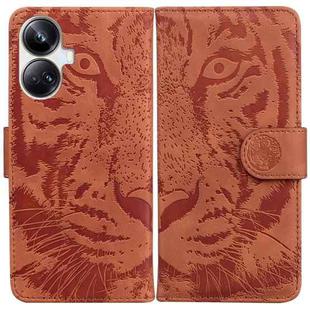 For Realme 10 Pro+ Tiger Embossing Pattern Leather Phone Case(Brown)