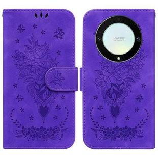 For Honor X9a Butterfly Rose Embossed Leather Phone Case(Purple)