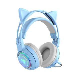 T25 RGB Stereo Cat Ear Bluetooth Wireless Headphones with Detachable Microphone(Blue)