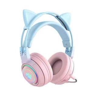 T25 RGB Stereo Cat Ear Bluetooth Wireless Headphones with Detachable Microphone(Blue+Pink)