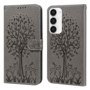 For Samsung Galaxy S23 5G Tree & Deer Pattern Pressed Printing Horizontal Flip Leather Phone Case(Grey)