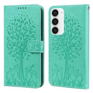 For Samsung Galaxy S23 5G Tree & Deer Pattern Pressed Printing Horizontal Flip Leather Phone Case(Green)