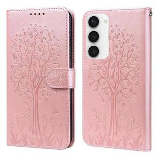 For Samsung Galaxy S23 5G Tree & Deer Pattern Pressed Printing Horizontal Flip Leather Phone Case(Pink)