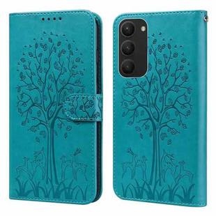 For Samsung Galaxy S23+ 5G Tree & Deer Pattern Pressed Printing Horizontal Flip Leather Phone Case(Blue)