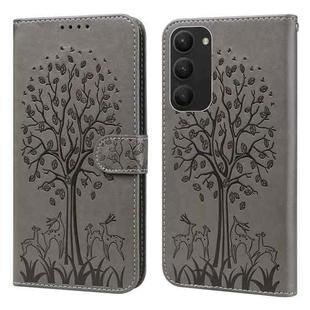 For Samsung Galaxy S23+ 5G Tree & Deer Pattern Pressed Printing Horizontal Flip Leather Phone Case(Grey)