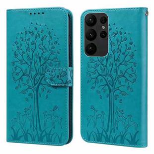 For Samsung Galaxy S23 Ultra 5G Tree & Deer Pattern Pressed Printing Horizontal Flip Leather Phone Case(Blue)