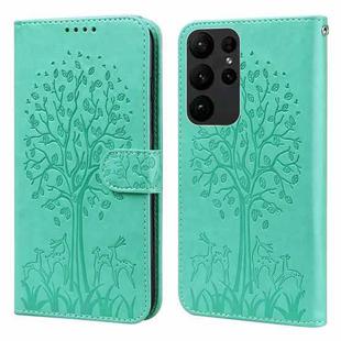 For Samsung Galaxy S23 Ultra 5G Tree & Deer Pattern Pressed Printing Horizontal Flip Leather Phone Case(Green)