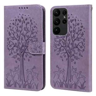 For Samsung Galaxy S23 Ultra 5G Tree & Deer Pattern Pressed Printing Horizontal Flip Leather Phone Case(Purple)