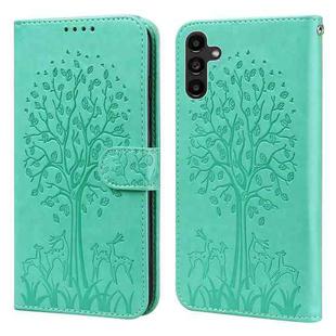 For Samsung Galaxy A14 5G Tree & Deer Pattern Pressed Printing Horizontal Flip Leather Phone Case(Green)
