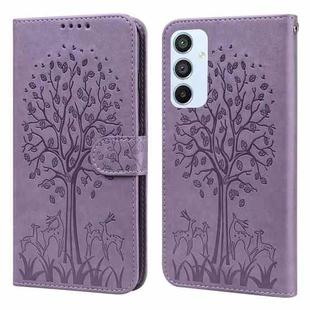 For Samsung Galaxy A54 5G Tree & Deer Pattern Pressed Printing Horizontal Flip Leather Phone Case(Purple)