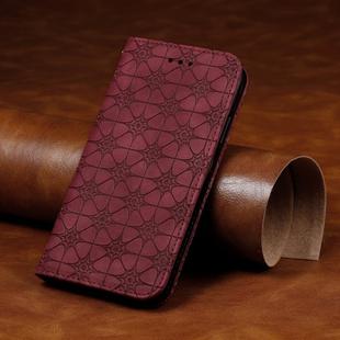 For iPhone 6 Plus Lucky Flowers Embossing Pattern Magnetic Horizontal Flip Leather Case with Holder & Card Slots(Wine Red)