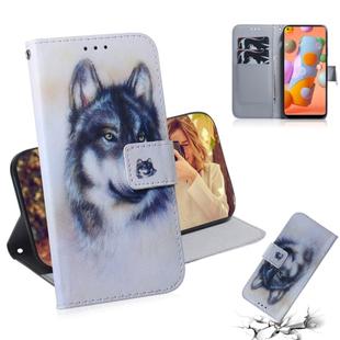 For Galaxy A11 & M11 Colored Drawing Horizontal Flip Leather Case with Holder & Card Slot & Wallet(White Wolf)