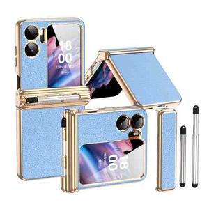 For OPPO Find N2 Flip Litchi Texture Leather Hinged Electroplated Phone Case with Pen(Gold Blue)