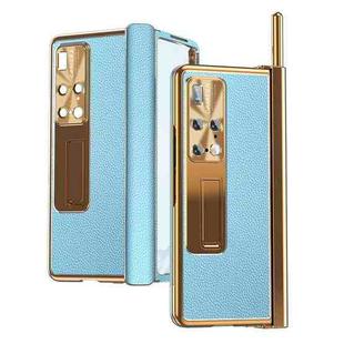 For Huawei Mate X2 Litchi Pattern Magnetic Shell Film Integrated Shockproof Phone Case(Blue Gold)