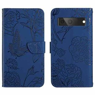 For Google Pixel 7A Skin Feel Butterfly Peony Embossed Leather Phone Case(Blue)