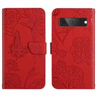 For Google Pixel 7A Skin Feel Butterfly Peony Embossed Leather Phone Case(Red)