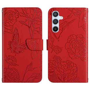 For Samsung Galaxy M14 5G Skin Feel Butterfly Peony Embossed Leather Phone Case(Red)