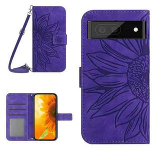 For Google Pixel 7A Skin Feel Sun Flower Pattern Flip Leather Phone Case with Lanyard(Dark Purple)