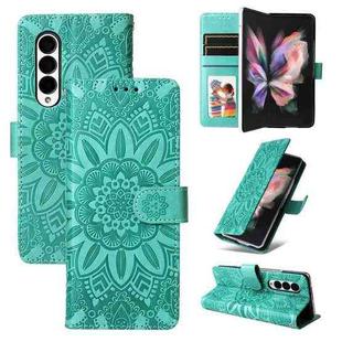 For Samsung Galaxy Z Fold3 5G Embossed Sunflower Leather Phone Case(Green)
