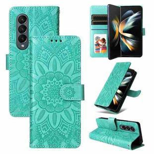 For Samsung Galaxy Z Fold4 5G Embossed Sunflower Leather Phone Case(Green)
