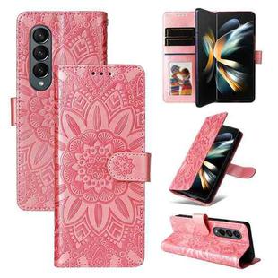 For Samsung Galaxy Z Fold4 5G Embossed Sunflower Leather Phone Case(Rose Gold)