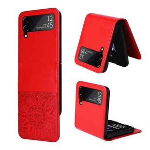 For Samsung Galaxy Z Flip3 5G Embossed Sunflower Leather Phone Case(Red)