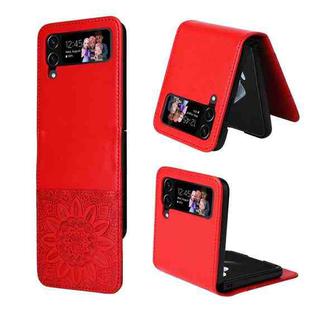 For Samsung Galaxy Z Flip4 5G Embossed Sunflower Leather Phone Case(Red)