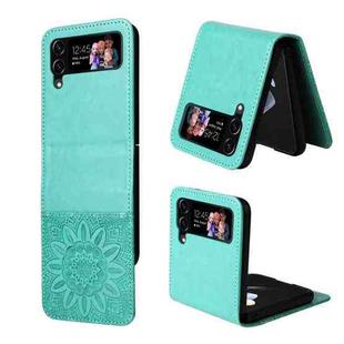 For Samsung Galaxy Z Flip4 5G Embossed Sunflower Leather Phone Case(Green)