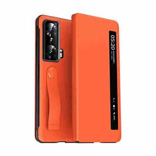 For Honor Magic Vs Side Window View Smart Litchi Pattern Leather Phone Case with Hand Strap(Orange)
