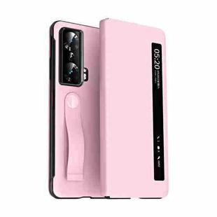 For Honor Magic Vs Side Window View Smart Litchi Pattern Leather Phone Case with Hand Strap(Pink)