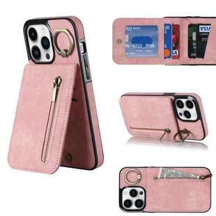 For iPhone 13 Retro Ring and Zipper RFID Card Slot Phone Case(Pink)