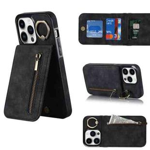 For iPhone 13 Pro Max Retro Ring and Zipper RFID Card Slot Phone Case(Black)