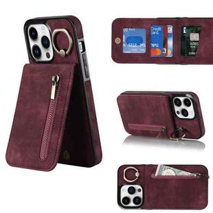 For iPhone 13 Pro Max Retro Ring and Zipper RFID Card Slot Phone Case(Wine Red)