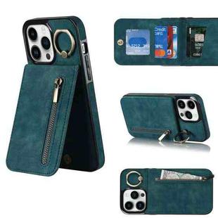 For iPhone 13 Pro Max Retro Ring and Zipper RFID Card Slot Phone Case(Blue)