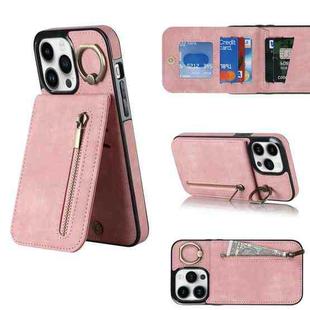 For iPhone 12 Pro Max Retro Ring and Zipper RFID Card Slot Phone Case(Pink)