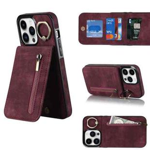 For iPhone 12 Pro Max Retro Ring and Zipper RFID Card Slot Phone Case(Wine Red)