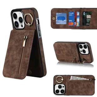 For iPhone 12 Pro Max Retro Ring and Zipper RFID Card Slot Phone Case(Brown)
