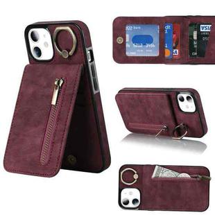 For iPhone 11 Retro Ring and Zipper RFID Card Slot Phone Case(Wine Red)