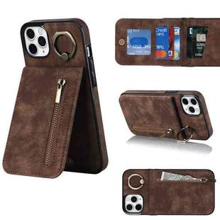 For iPhone 11 Pro Max Retro Ring and Zipper RFID Card Slot Phone Case(Brown)