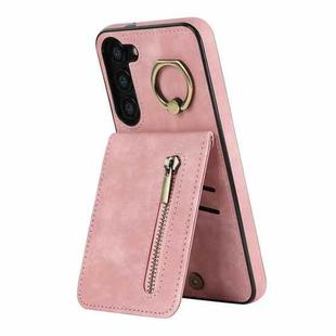 For Samsung Galaxy S23 5G Retro Ring and Zipper RFID Card Slot Phone Case(Pink)