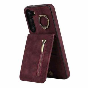 For Samsung Galaxy S23 5G Retro Ring and Zipper RFID Card Slot Phone Case(Wine Red)