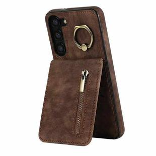 For Samsung Galaxy S23 5G Retro Ring and Zipper RFID Card Slot Phone Case(Brown)