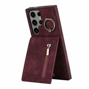 For Samsung Galaxy S23 Ultra 5G Retro Ring and Zipper RFID Card Slot Phone Case(Wine Red)